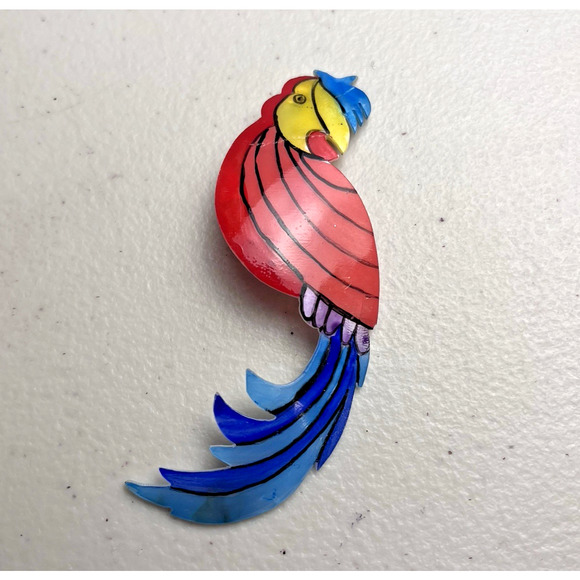 Vintage Parrot Bird Brooch Lot Macaw Parakeet Budgie Pins Jewelry Enamel & Wood - Picture 12 of 13